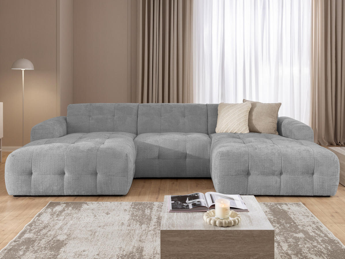 WOHNLANDSCHAFT Kozy im Bumpy-Design mit fester Rückenlehne aus weichem Hellgrau Chenille-Stoff - Hellgrau/Schwarz, Holz/Kunststoff (323/79/161cm) - S-Style Möbel