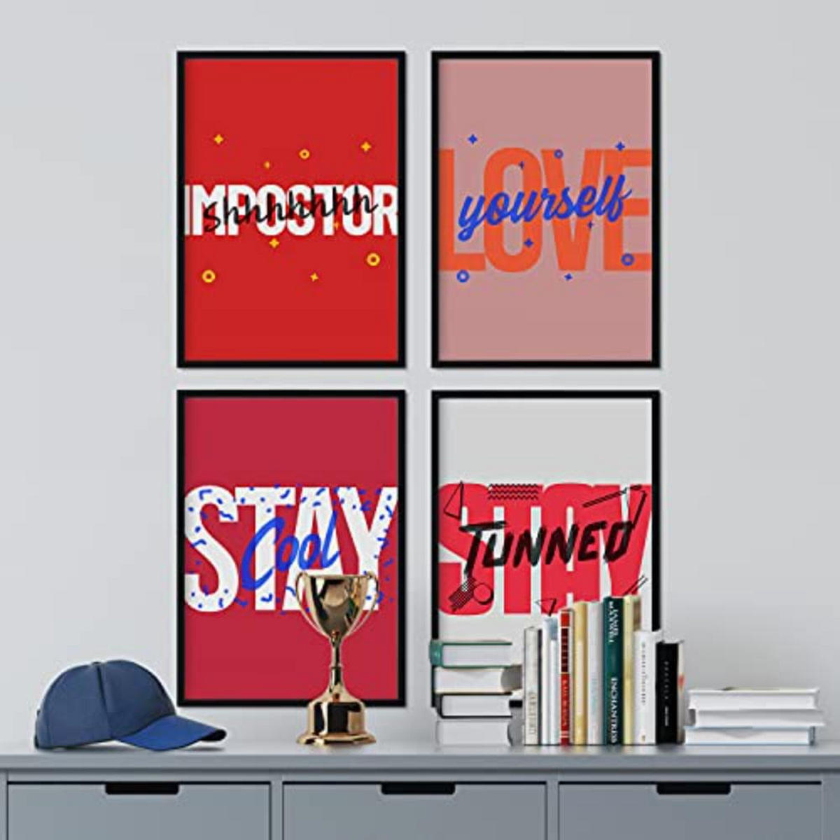 POSTER Set mit 4 roten Etikettendesign und Motivationsnachrichten A3 Schwarzer Rahmen - Schwarz, Papier (29.7/3cm) - Nacnic