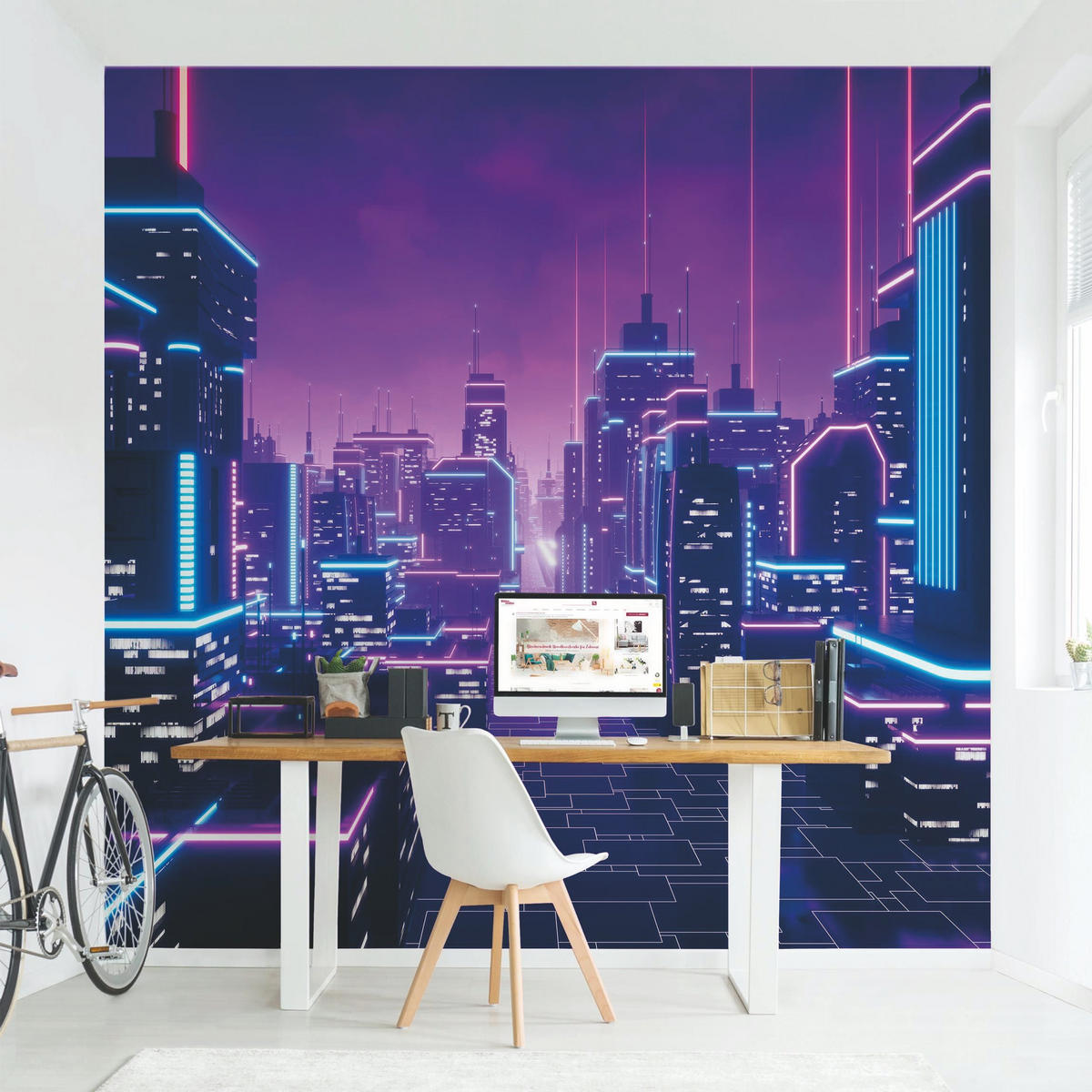 FOTOTAPETE Neon Stadtlichter 192/192 cm - Violett, Papier (192/192cm) - Bilderwelten