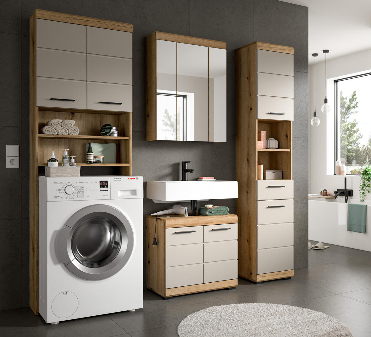 BADMÖBEL-SET Sand Kaschmir, Eiche Evoke, Badkombination 190 4-teilig - Kaschmir/Eichefarben, Glas/Holzwerkstoff (190/191/34cm) - Inn.Furn
