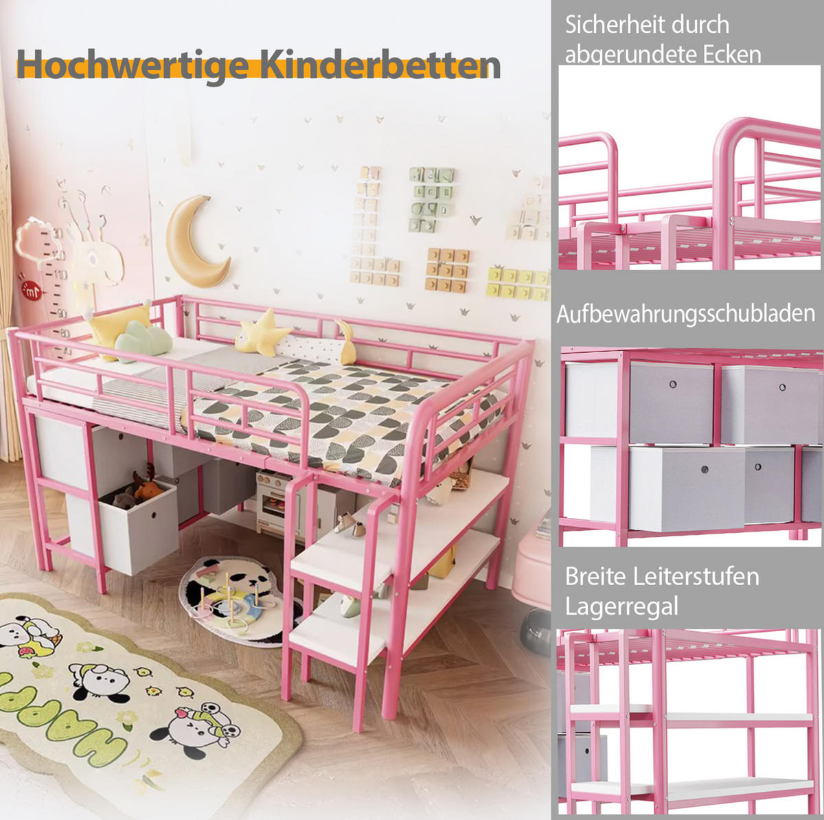 HOCHBETT 90/200 cm aus Metall und MDF mit Stauraumtreppe Rosa/Weiß - Rosa, Metall (90/200cm) - Modenvie