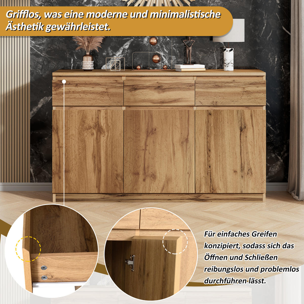 SIDEBOARD in Naturfarben Anrichte mit 3 Türen und 3 Schubladen für Wohnzimmer, B135/T40/H81cm - Naturfarben, Holzwerkstoff (135/81/40cm) - STILVORA