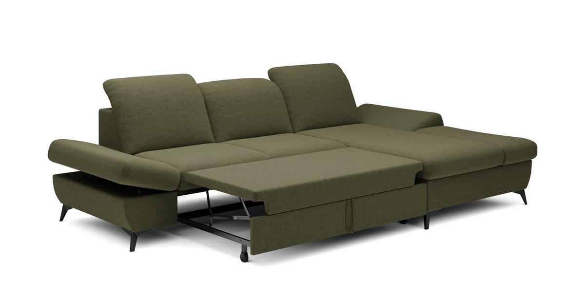 ECKSOFA FELICE R-S Olivgrün Geflochtener Stoff mit Schlaffunktion - Olivgrün, Holz (284/166cm) - MASSENO