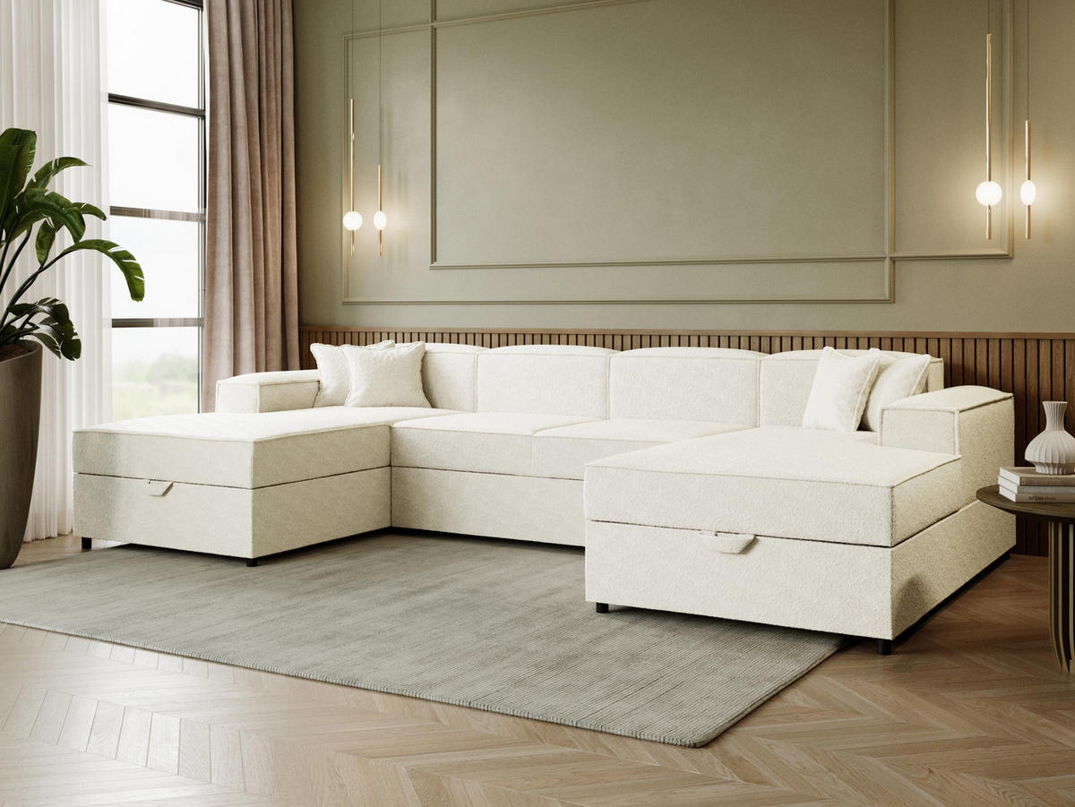 WOHNLANDSCHAFT Santos U Boucle - Creme/Schwarz, Holzwerkstoff/Kunststoff (320/79/166cm) - MIRJAN24