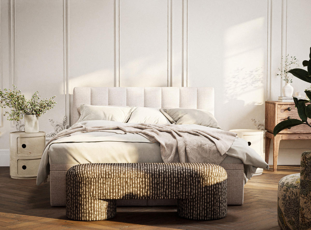 BOXBETT 140/200 cm Lovage S, in Creme, Matratze, gepolstertes Kopfteil, Bettkasten, H3 = fest - Creme/Schwarz, Holz/Holzwerkstoff (140/200cm) - Maison de Reve