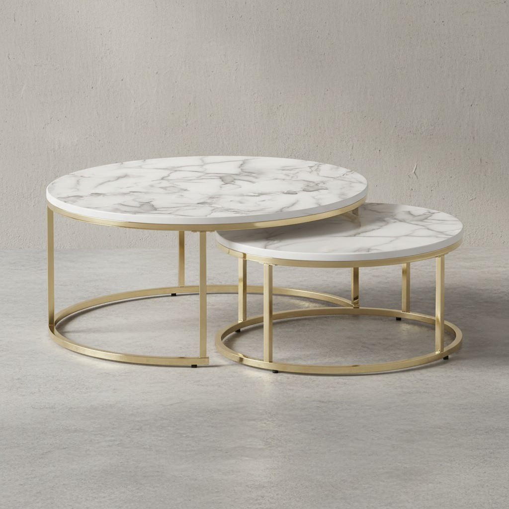 COUCHTISCH 2er Set Marmoroptik Metall Eichenholz Ineinanderschiebbar, Gold 80x80x36 cm - Goldfarben, Holz/Metall (80/80/36cm) - KADIMA DESIGN