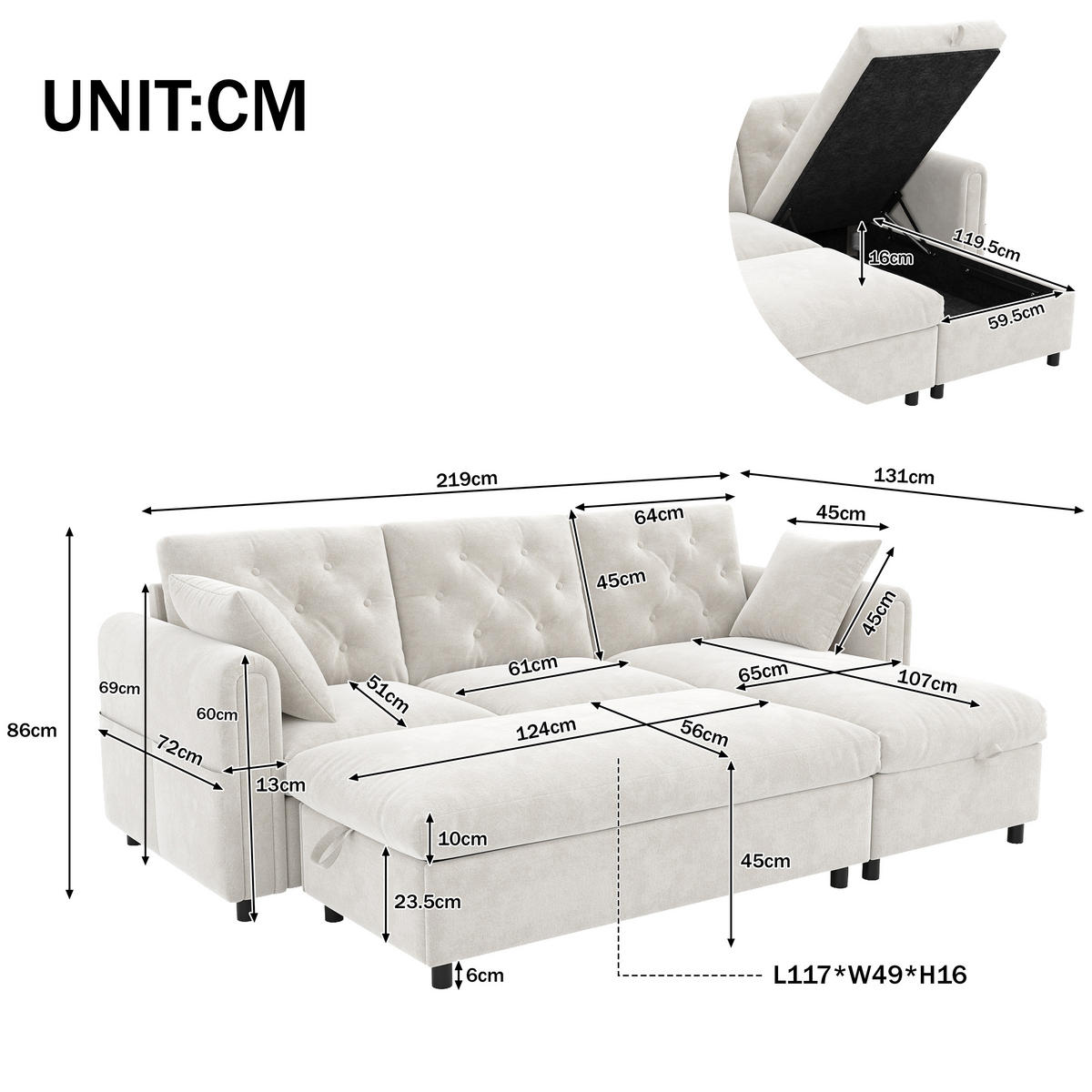 SOFA Baršun L Oblik s Tabureom 219x131x86 cm Bež - bež, tekstil (219/86/131cm) - FLIEKS