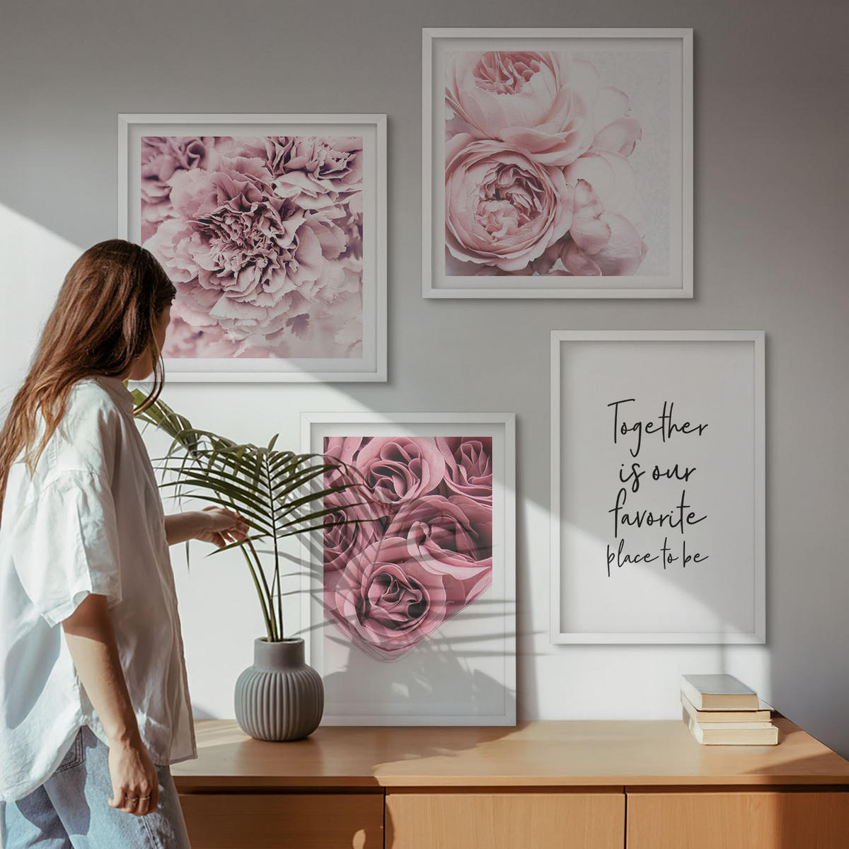WANDBILDER 4er-Set - 50x50 cm & 40x60 cm Weißer Rahmen - Blumensträuße mit Rosen, Hausinschrift - Weiß, Kunststoff (50/50cm) - ArtPrintCave