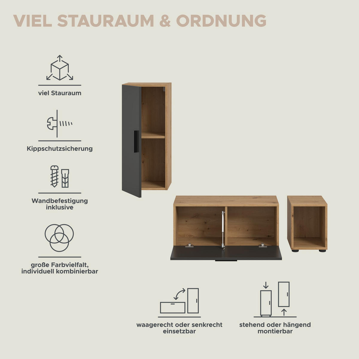 WOHNWAND Primo 3 tlg. (B/H/T: ca. 75/34/34 cm) in Artisan Oak Nachbildung/Basalt grau - Eiche Artisan, Holzwerkstoff (75/34/34cm)