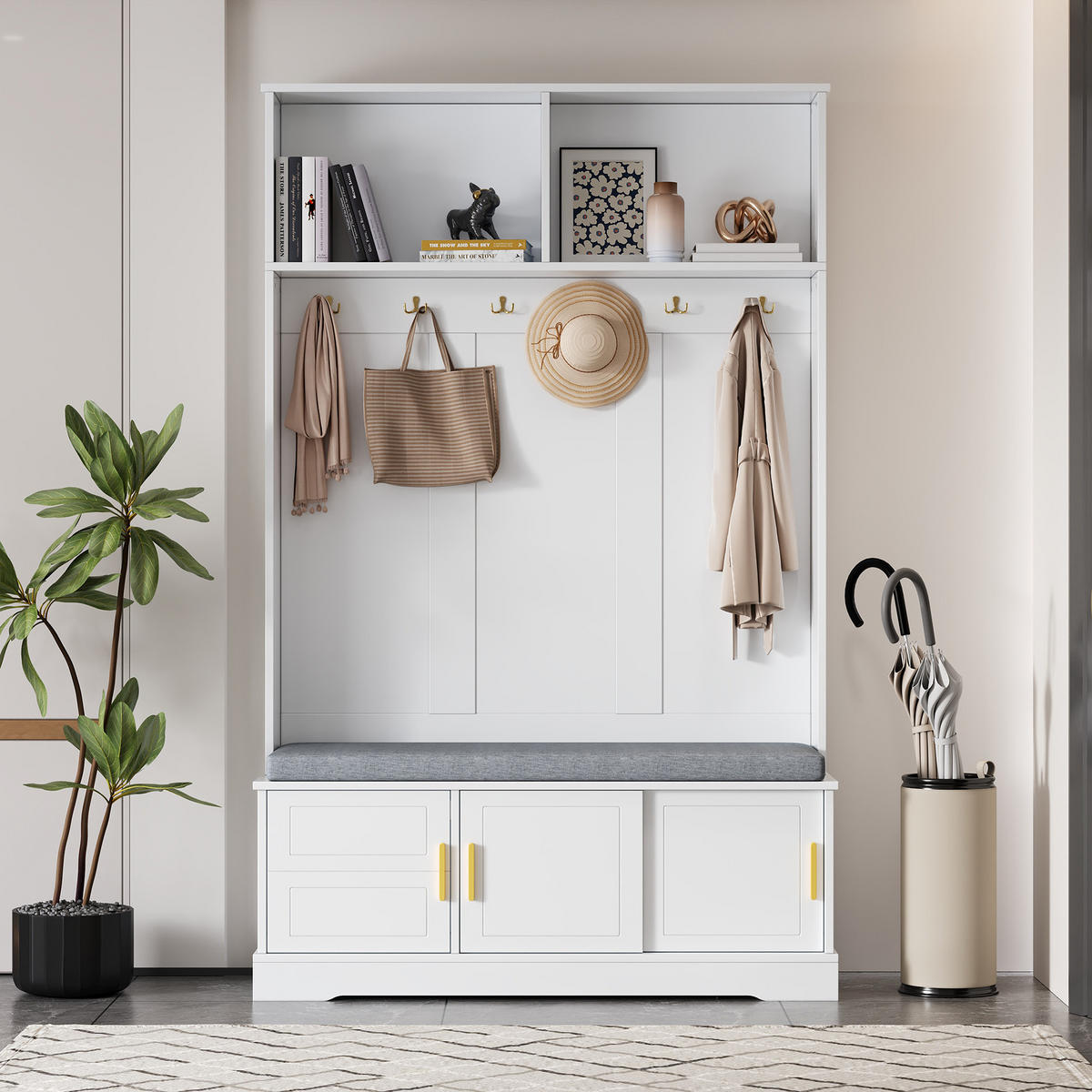 GARDEROBENSTÄNDER mit Bank 6 Haken Weiß 120x40x191cm - Weiß, Holzwerkstoff (40/191/120cm) - FLIEKS