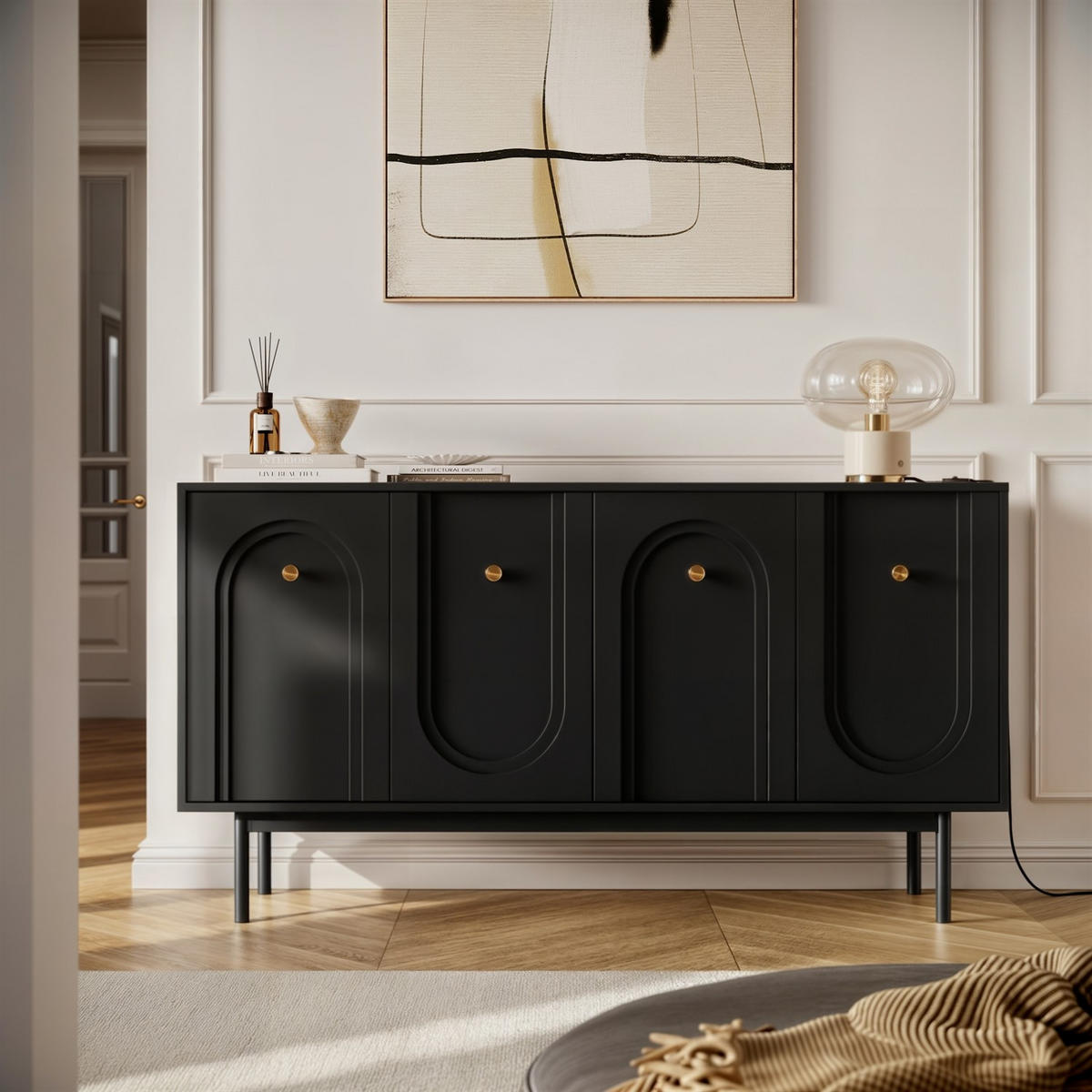 Sideboard LIBERTY 4D auf Holzbeinen schwarz - Schwarz, Holzwerkstoff (154/82/39cm) - Lookway
