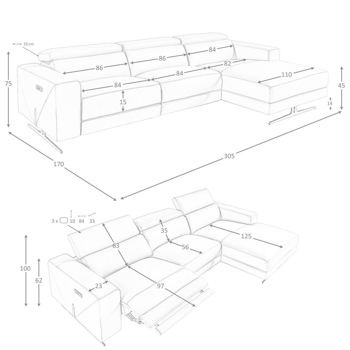 ECKSOFA mit Chaiselongue rechts aus braunem Leder 305/170/100 cm - Edelstahlfarben/Braun, Leder/Metall (305/170cm) - ANGEL CERDA