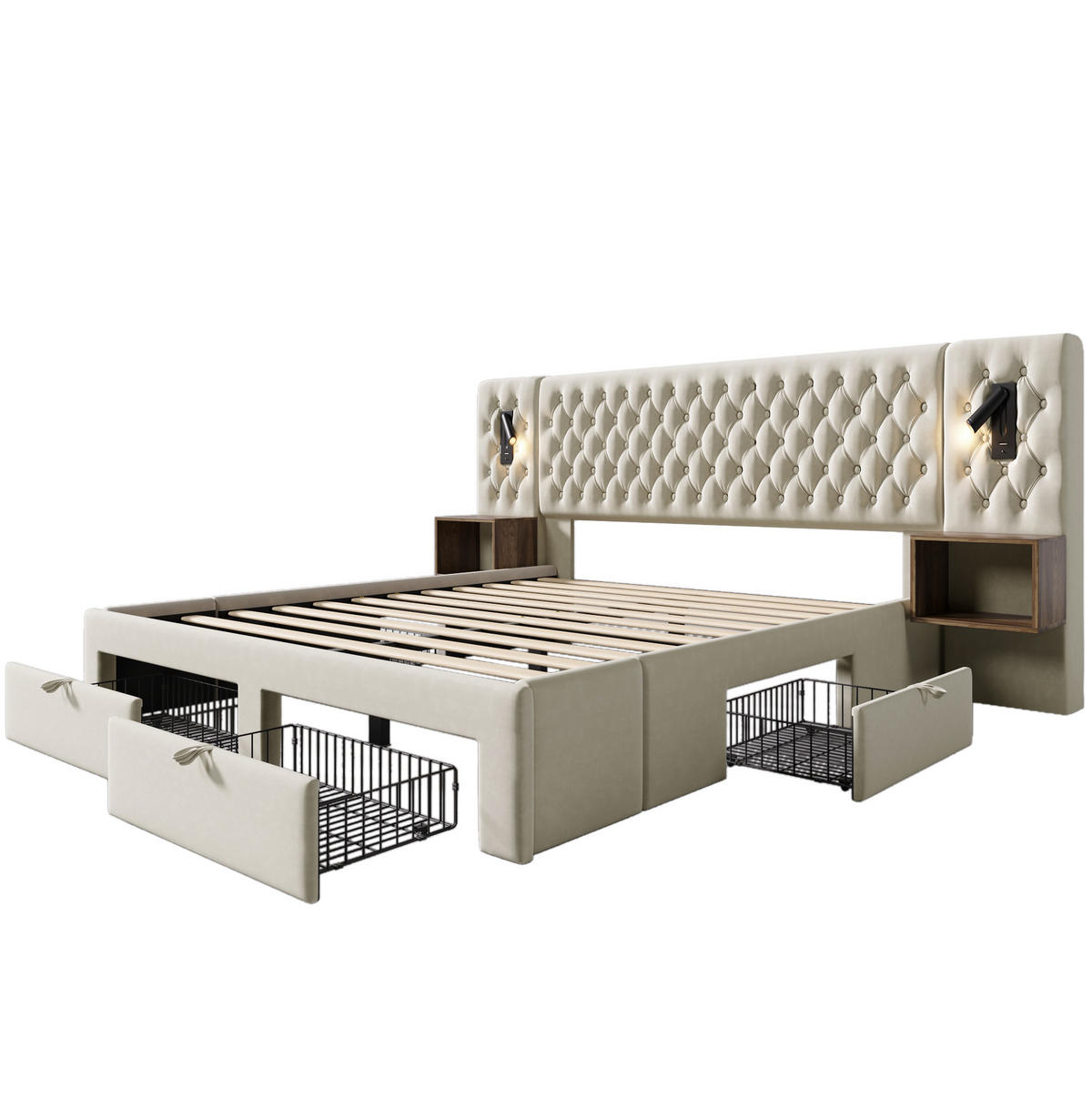 BETTANLAGE mit 2 Nachttischen und 4 Schubladen 160x200 cm Samt Beige - Beige, Metall (160/200cm) - Meubliv