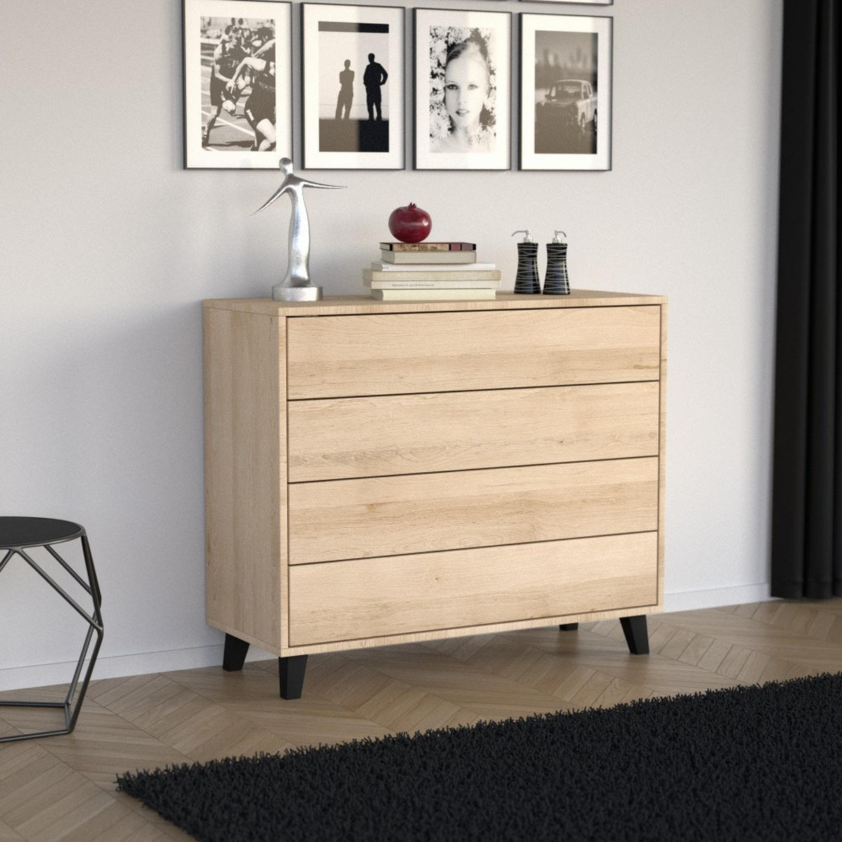 KOMMODE Home mit 4 Schubladen, 100 cm, ohne Griffe, eiche Artisan - Schwarz/Eiche Artisan, Holzwerkstoff (80/85/40cm) - Beautysofa