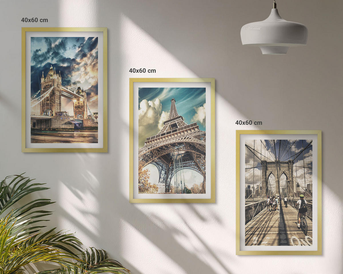 WANDBILDER 3er Set - 40x60 cm Goldrahmen - Brücken, Türme, europäische Städte - Goldfarben, Kunststoff (40/60cm) - ArtPrintCave