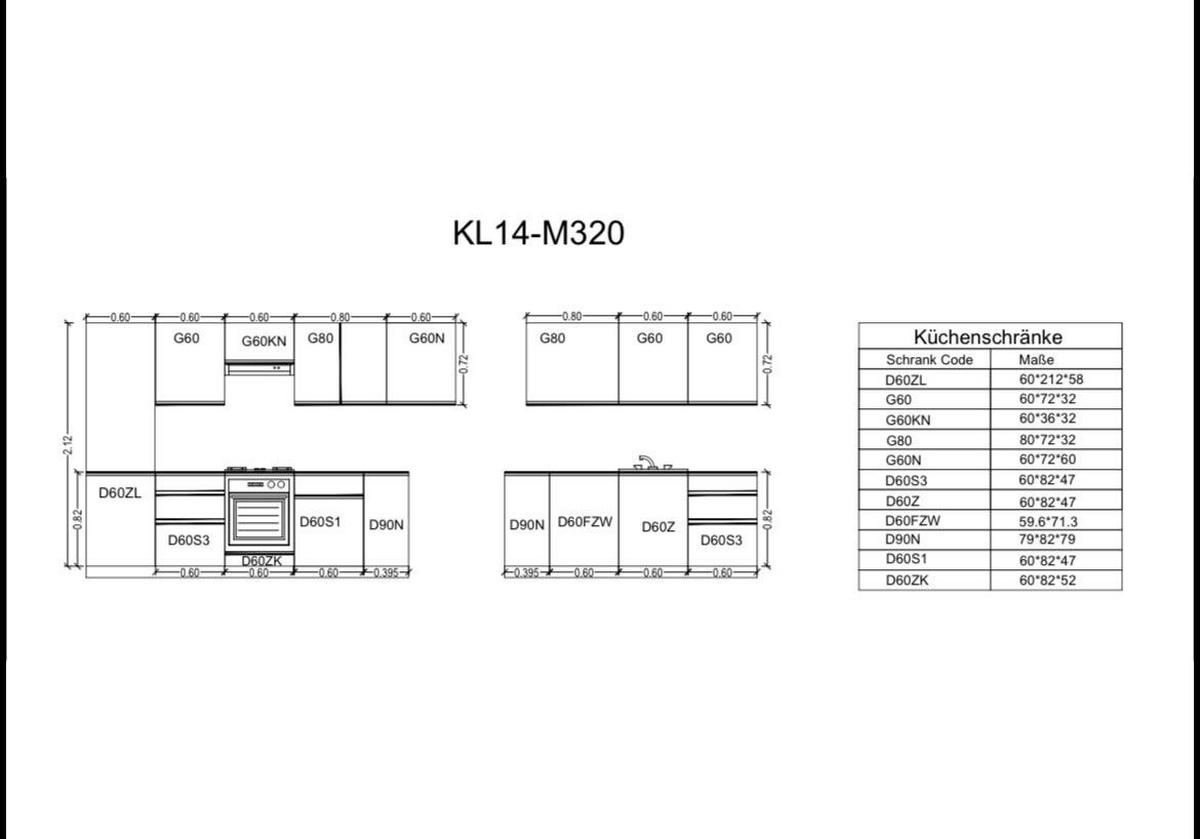 WINKELKÜCHE 320cm x 260cm- Langen KL14-M320 - in Grau/Matt - Grau, Holz/Holzwerkstoff (580/212/58cm)