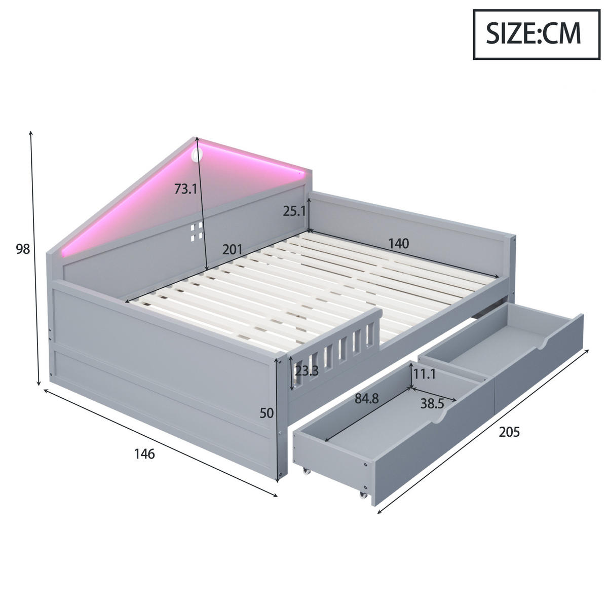 BETT mit LED-Beleuchtung und 2 Schubladen 140x200 cm Grau - Grau, Holzwerkstoff (140/200cm) - Beauniv