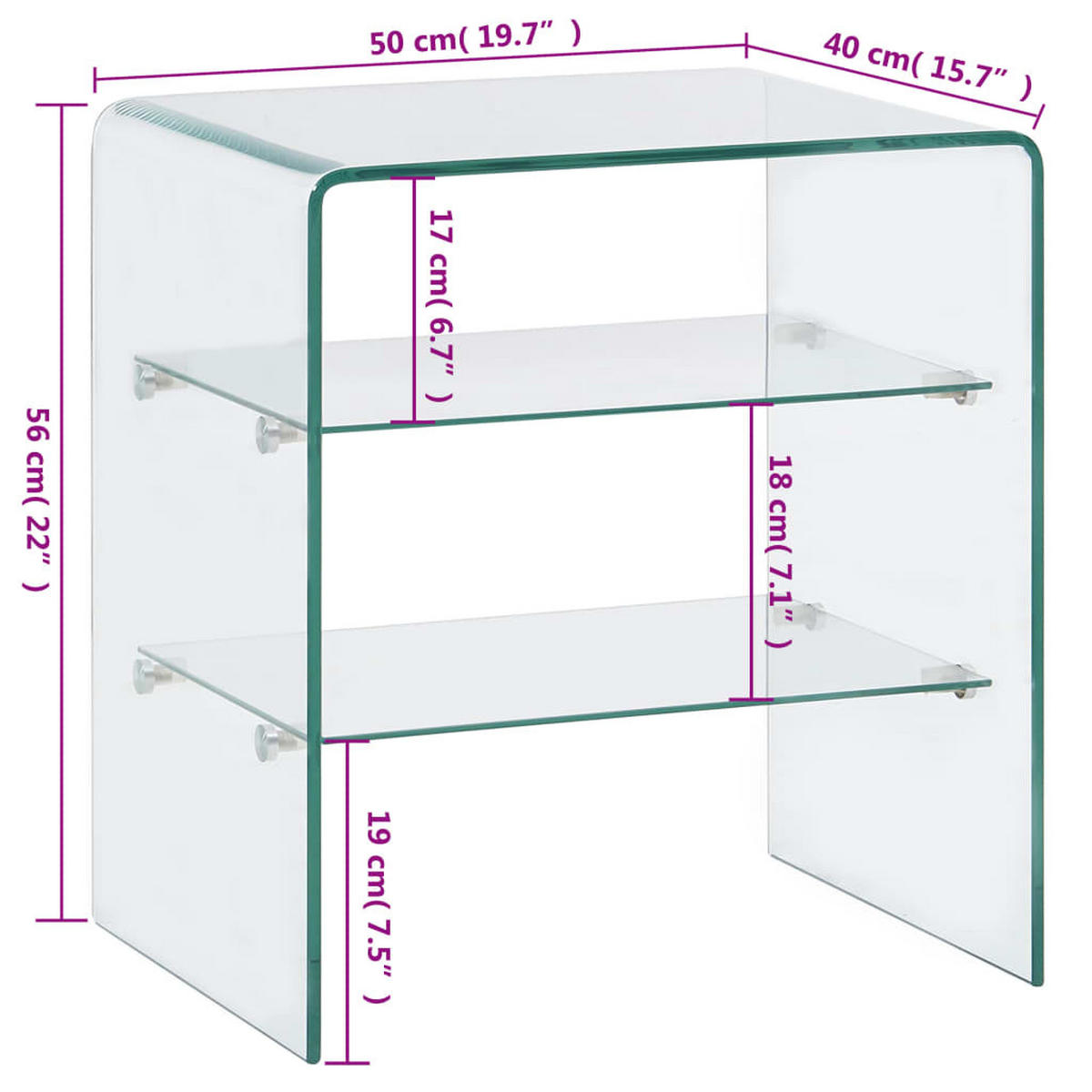 COUCHTISCH 50/40/56 cm aus Hartglas Transparent mit 2 Ablageflächen - Transparent, Glas (40/50/56cm) - vidaXL