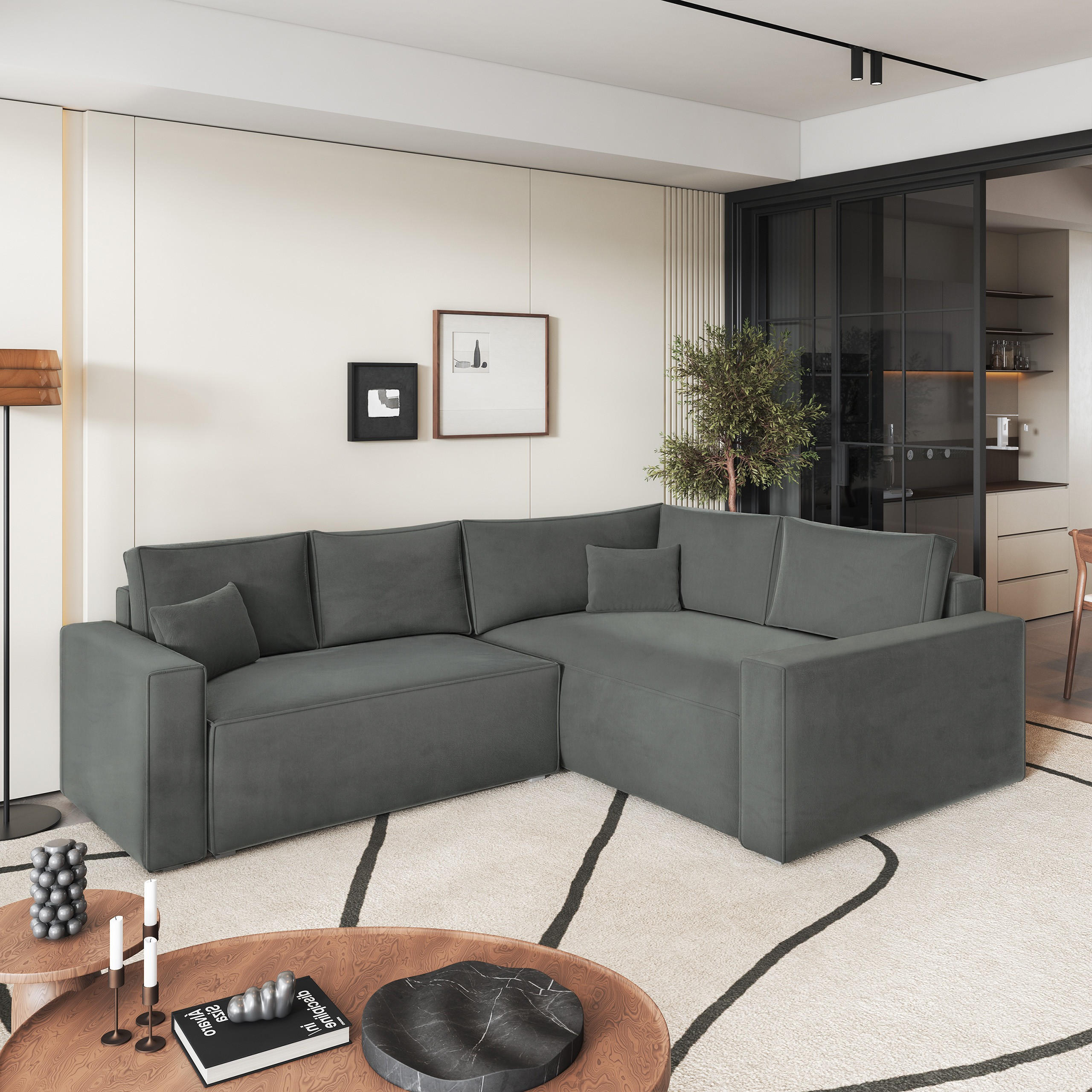 ECKSOFA ERONIS R-S Grau Velours-Stoff mit Schlaffunktion - Grau, Holz (265/194cm) - MASSENO
