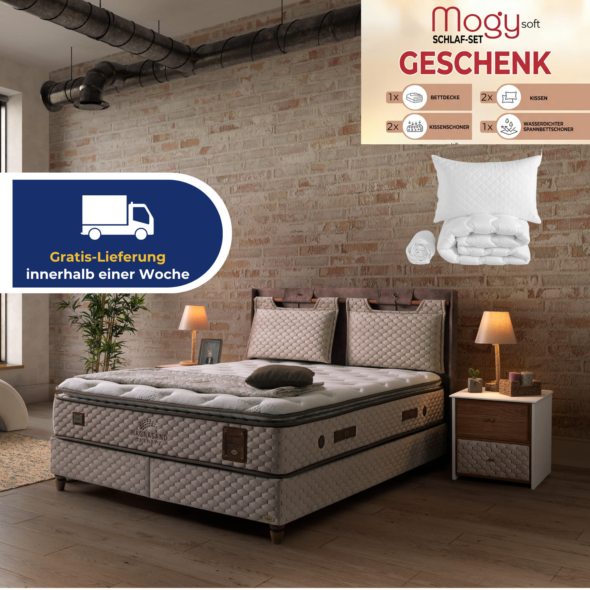 BOXBETT Bambi Bett mit Matratze Boxspringbett 180x200 Magnasand Therapy - Braun, Holz/Metall (180/200cm) - Bambi