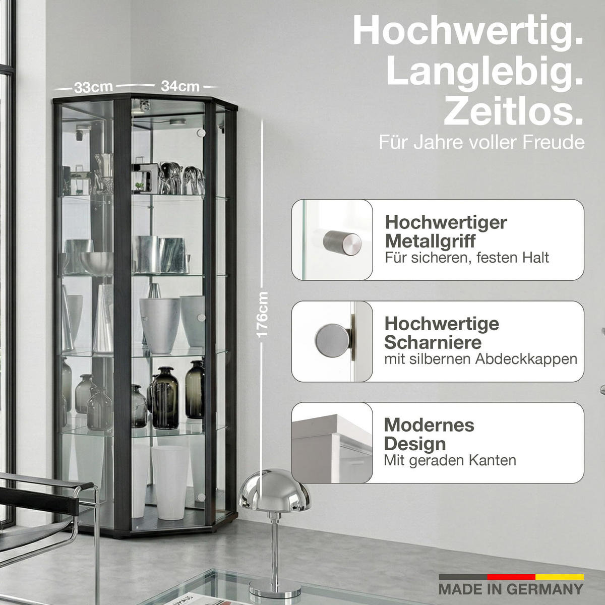 ECKVITRINE 56,5/56,5/176 cm mit Spiegel, LED & Schloss - Transparent/Silberfarben, Glas/Holzwerkstoff (56.5/176/56.5cm) - K-Möbel