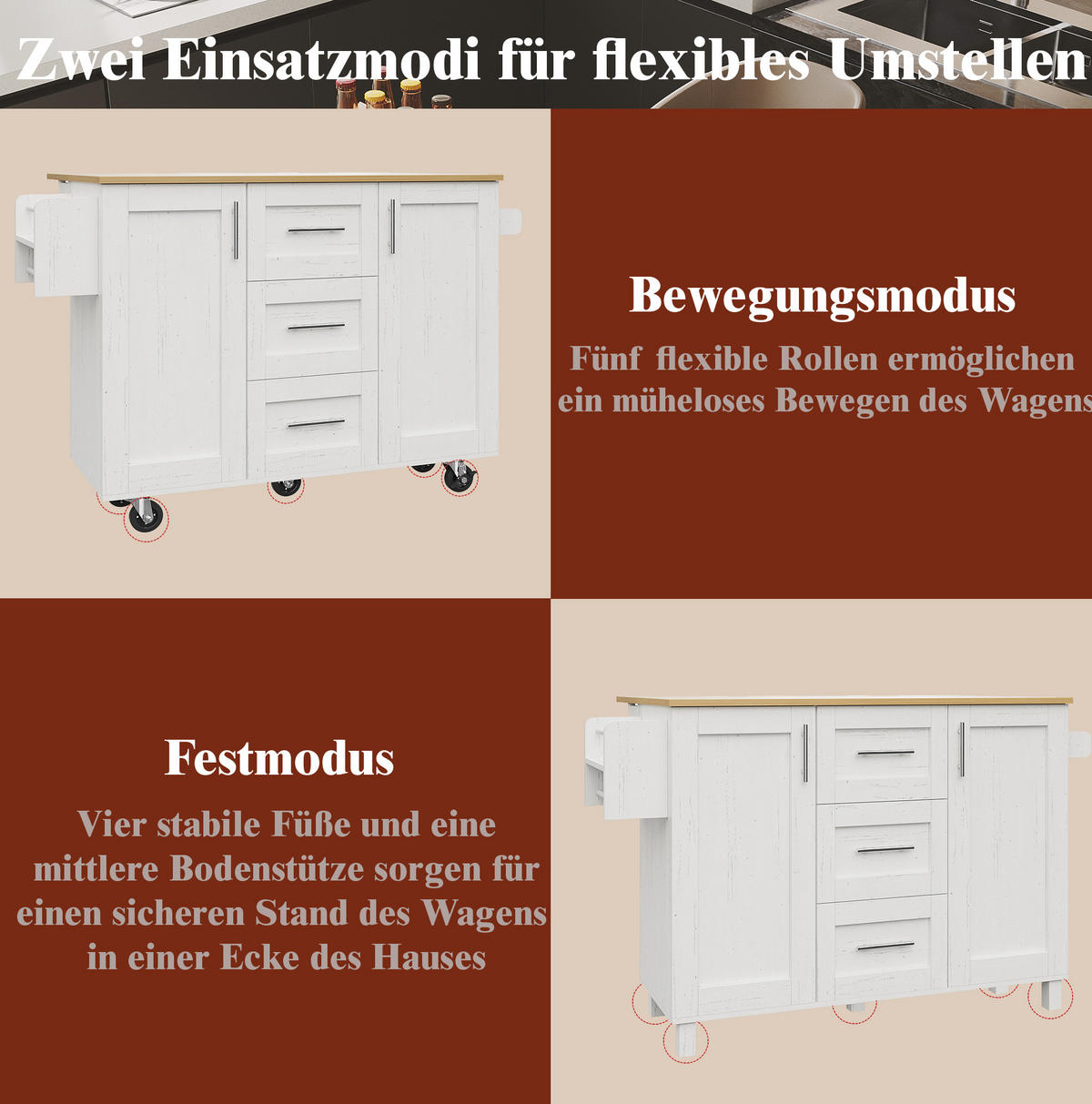 KÜCHENWAGEN 135x74x87.2cm Weiß mit Klappseiten, 3 Schubladen, Snackregal & 5 Rollen - Weiß, Holzwerkstoff (135/87.2/74cm) - Modfu