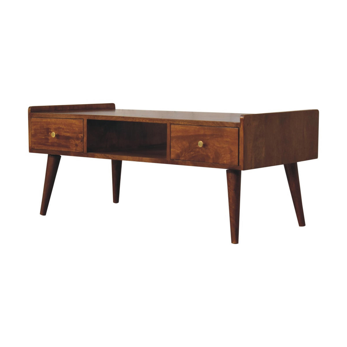 TV-EINHEIT Massivholz Kastanienbraun, 2 Schubladen und Offenes Fach - Dunkelbraun/Messingfarben, Mangoholz/Holz (100/43/50cm) - Artisan Furniture