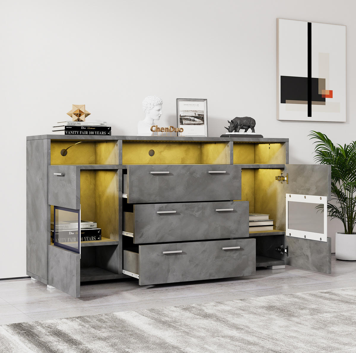 SIDEBOARD aus Spanplatte 140x33,5x72,5 cm Grau mit LED-Beleuchtung, Acryltüren und Stauraum - Grau, Holzwerkstoff (140/72.5/33.5cm) - IVMEU