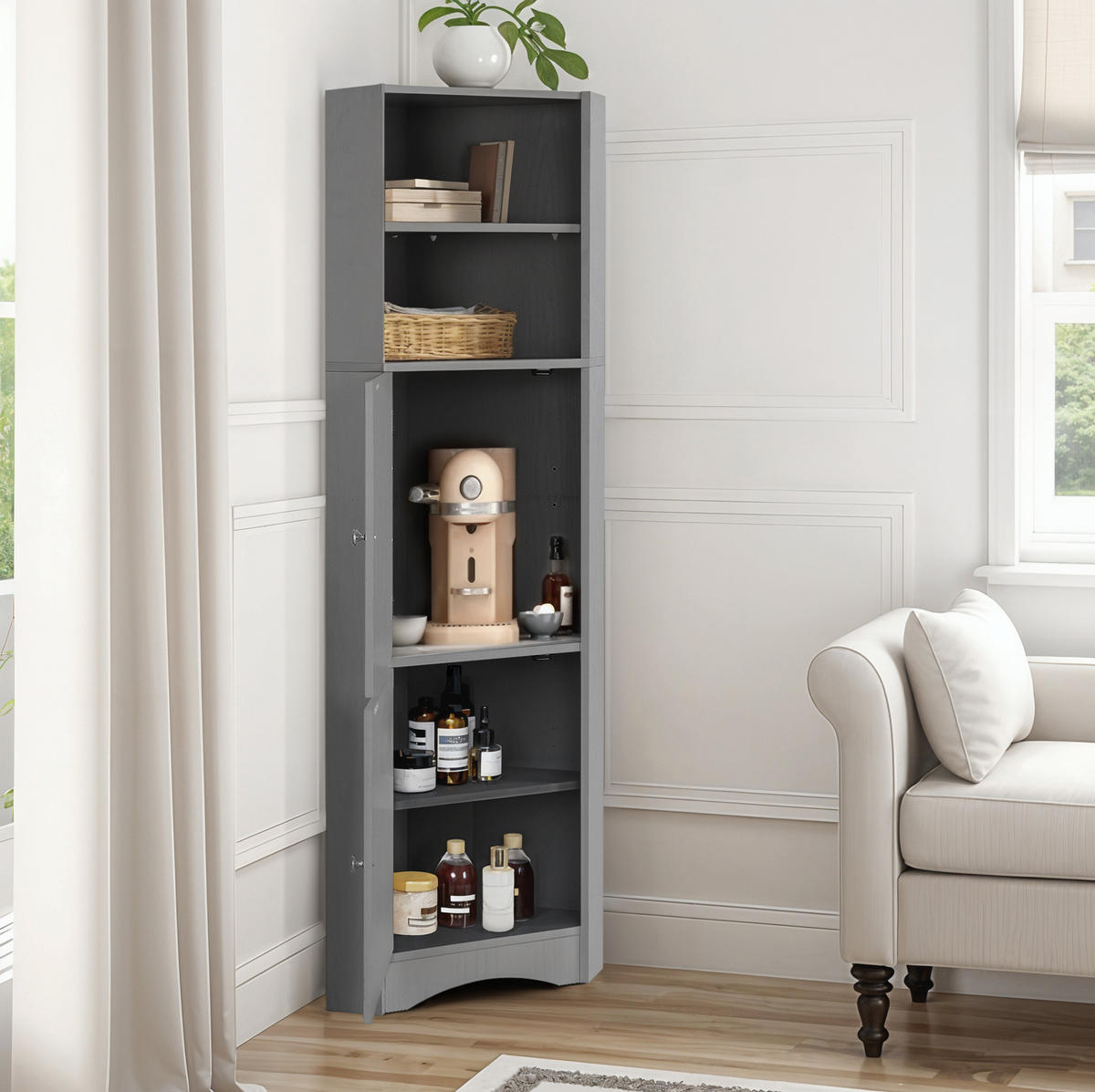 BADEZIMMERSCHRANK 36.5x36.5x155cm in Grau, wasserdicht & kippsicher - Grau, Holzwerkstoff (36.5/155/36.5cm) - Modfu