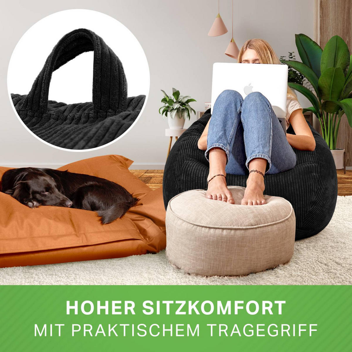 SITZSACK Indoor "Scoop" 90x110cm - Cord - Schwarz, Textil (90/110/90cm) - Green Bean