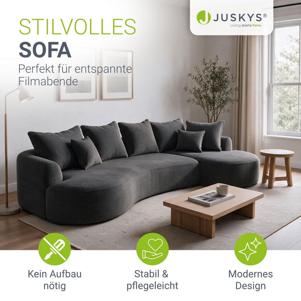 SOFA Tirano Samt Dunkelgrau mit Ottomane rechts - Dunkelgrau, Textil (300/102cm) - Juskys