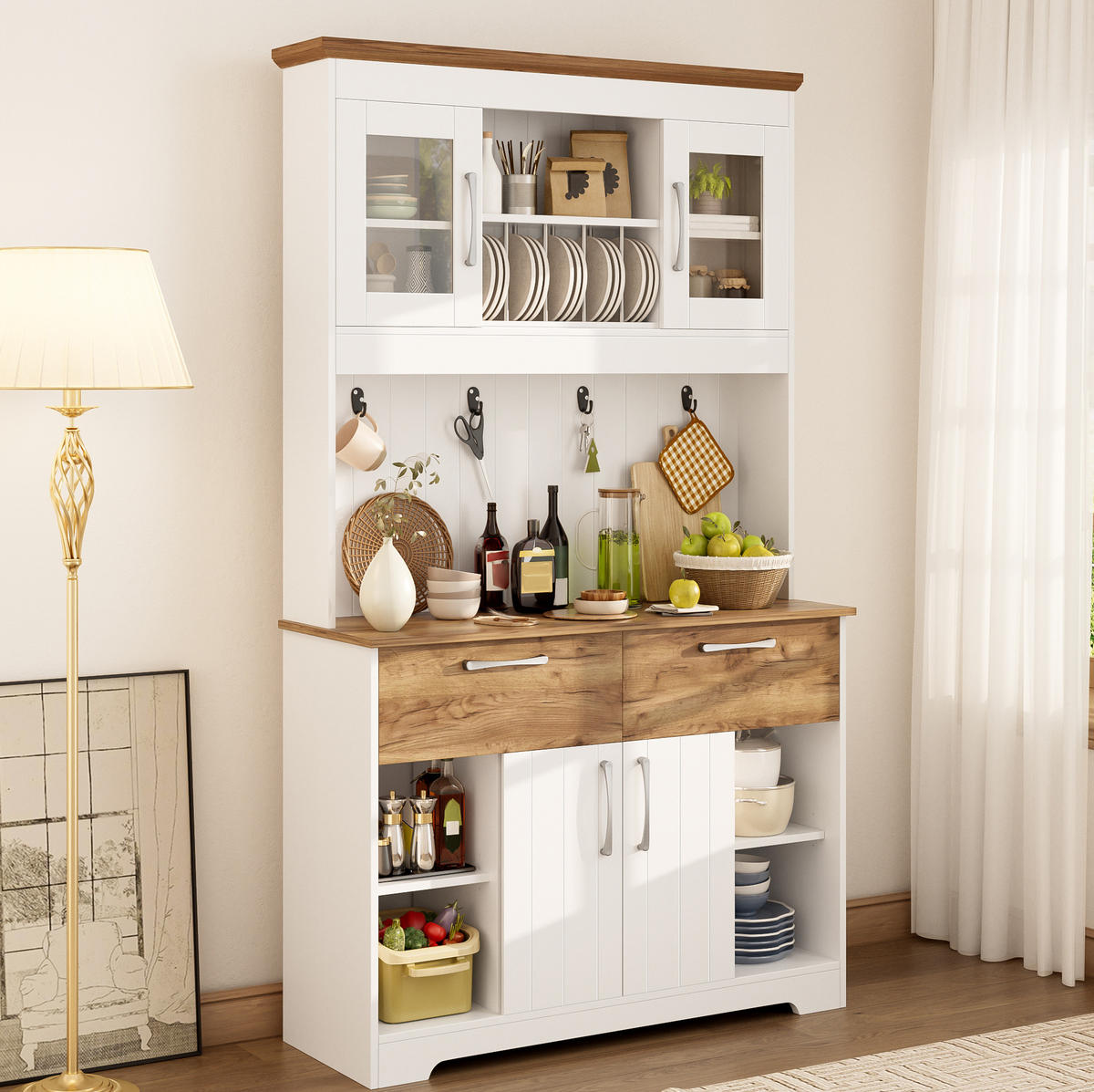 BUFFET 106/39/176,5 cm aus Spanplatte mit Vitrinenfächern und Hakenleiste Weiß/Natur - Naturfarben, Holzwerkstoff (106/176.5/39cm) - Modenvie