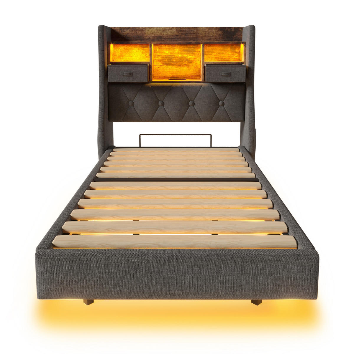 POLSTERBETT 90/200 cm grau aus Leinen mit LED, USB-C und Stauraum - Grau, Textil (90/200cm) - OKWISH