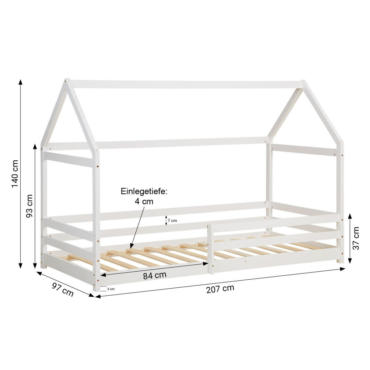 HAUSBETT 90/200 cm in Weiß mit Lattenrost Rausfallschutz - Weiß, Holz (90/200cm) - Homestyle4u
