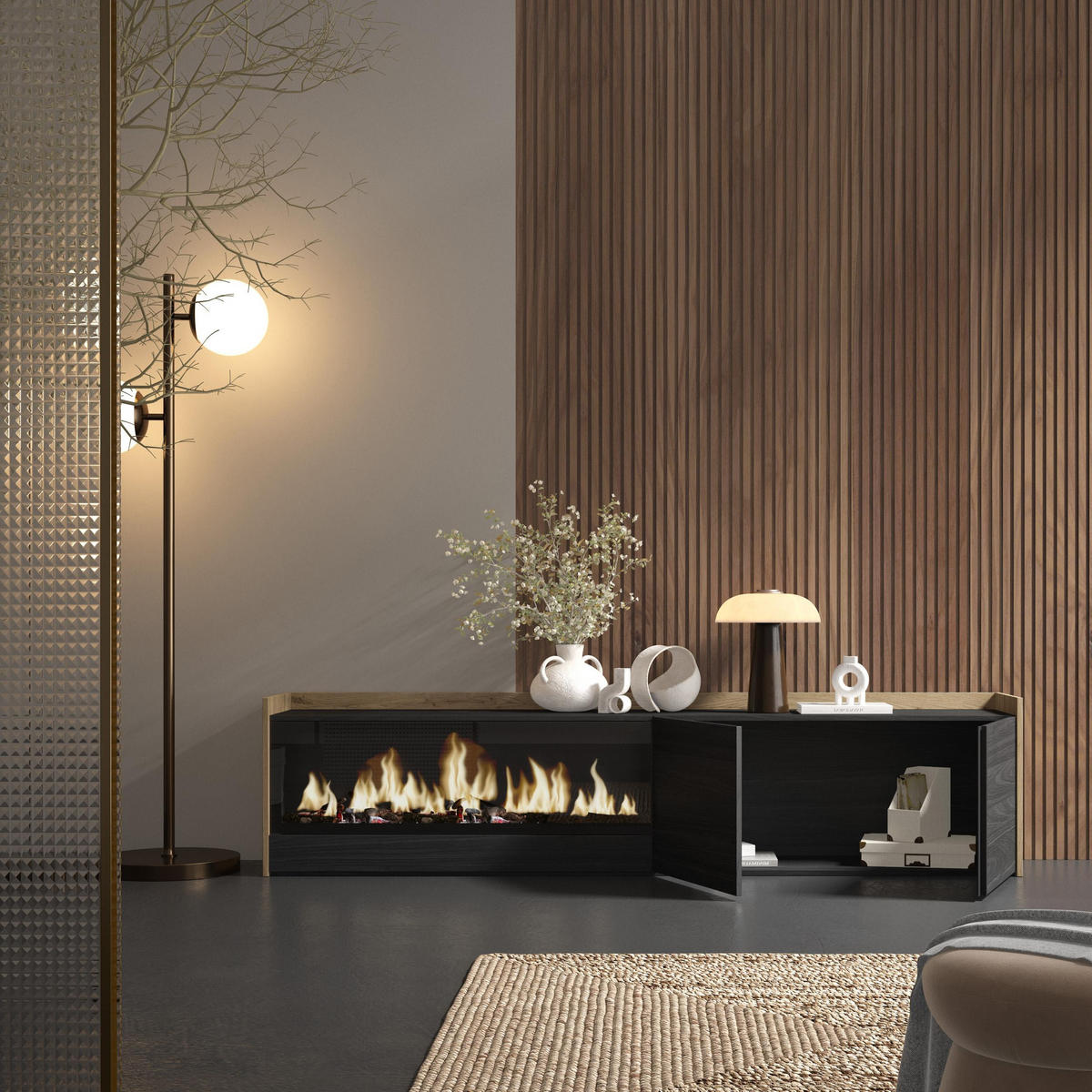LOWBOARD, Schwarz und Eiche, 212/35/50cm, Kamin mit Feuereffekt XXL - Schwarz, Holzwerkstoff (212/50/35cm) - Skraut Home