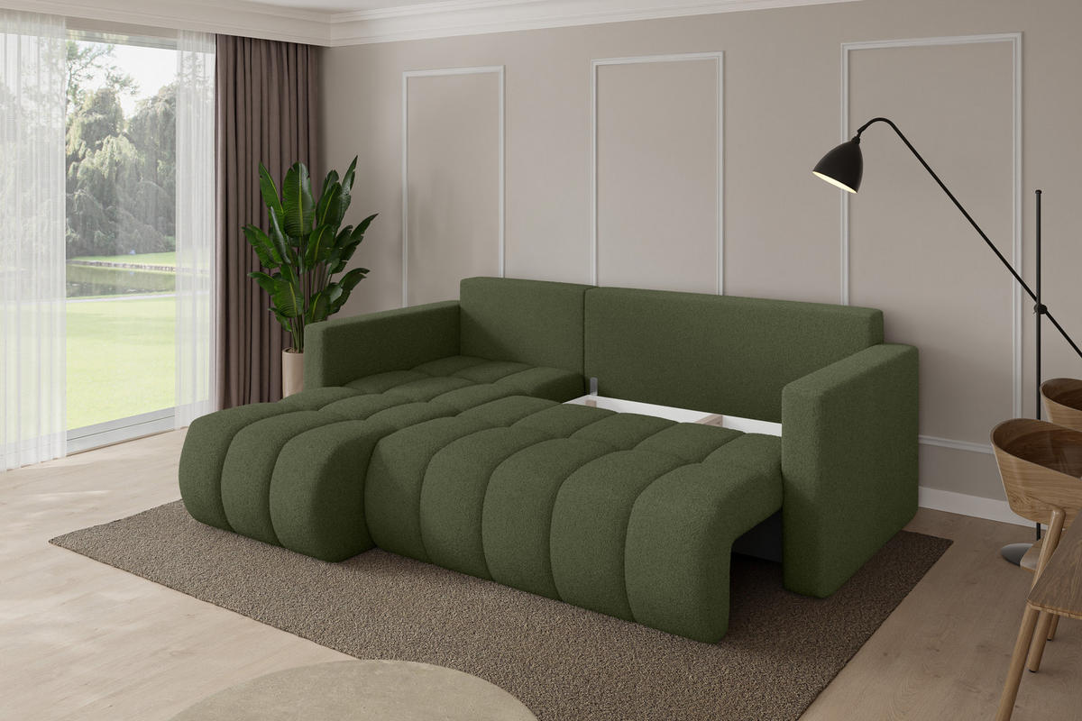 ROHOVÁ SEDAČKA s funkcí spaní, otoman vlevo GARD-L 226x146x85 zelená bouclé - černá/zelená barva, kompozitní dřevo/textil (226/146cm) - ALTDECOR