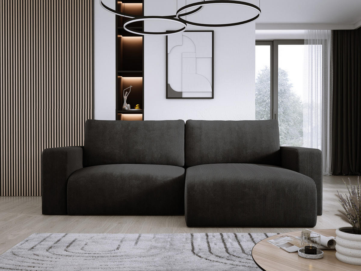 ECKSOFA Carl L-förmig Schlaffunktion und Bettkasten weicher Cordstoff flexibel stellbar lose Rückenkissen freistehend RECHTS 247x143x83cm Black - Schwarz, Holz/Textil (247/143cm) - DomoHome