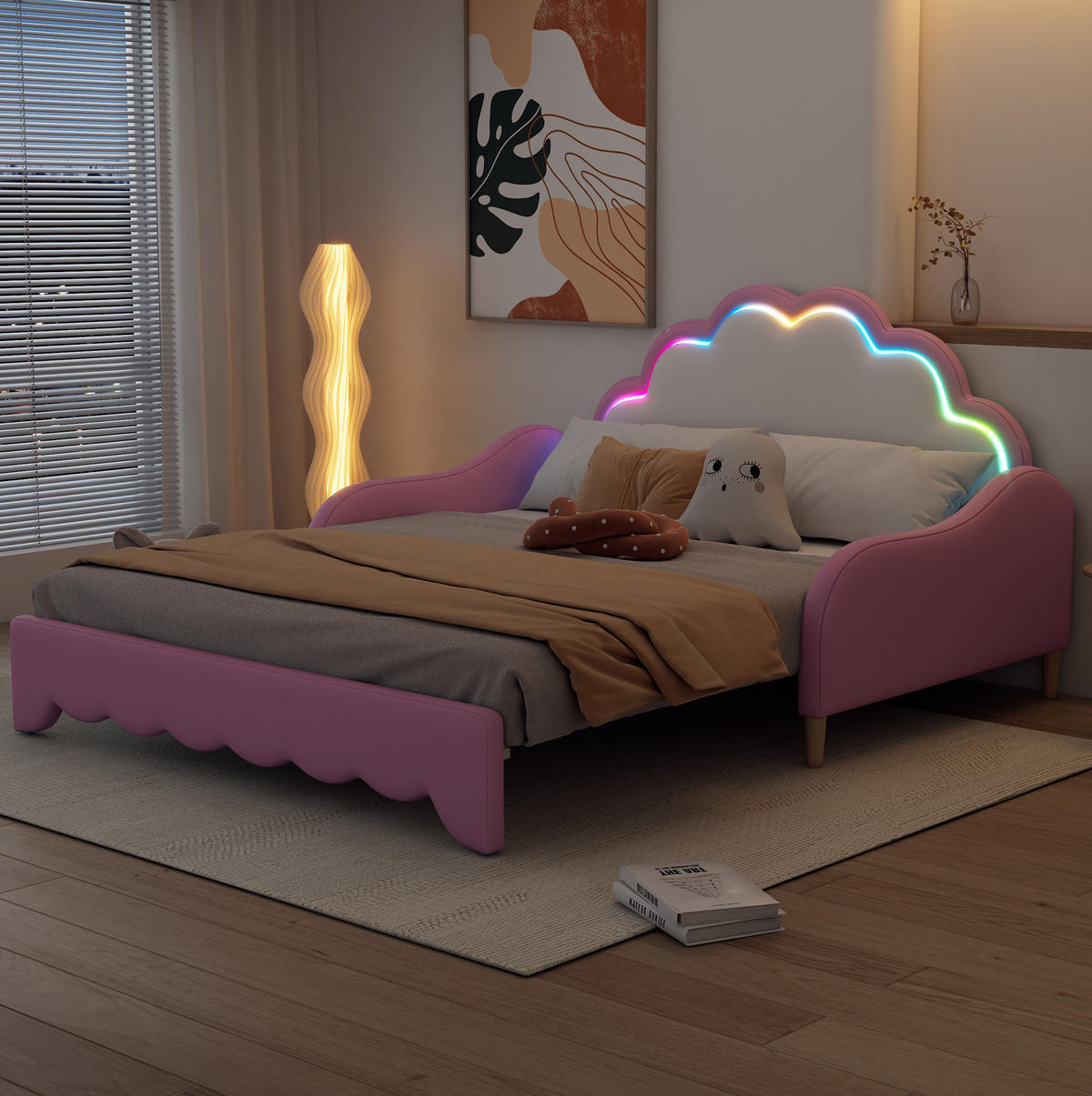 ČALÚNENÁ posteľ z PU a MDF 140x200 cm ružová s LED osvetlením a premenou na pohovku - ružová, plast (140/200cm) - Modfu