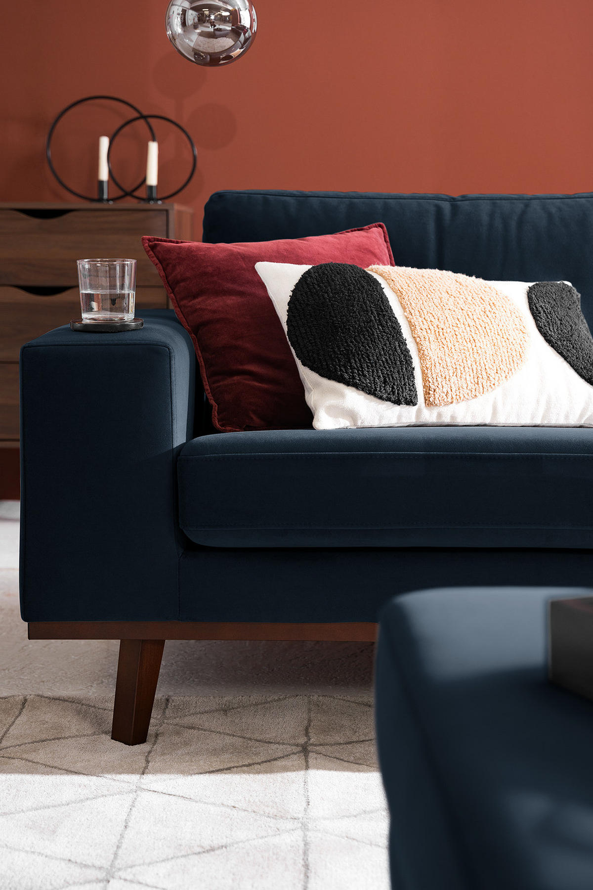 ECKSOFA mit Ottomane - Buchefarben/Dunkelblau, Buchenholz/Textil (287/219cm) - home24