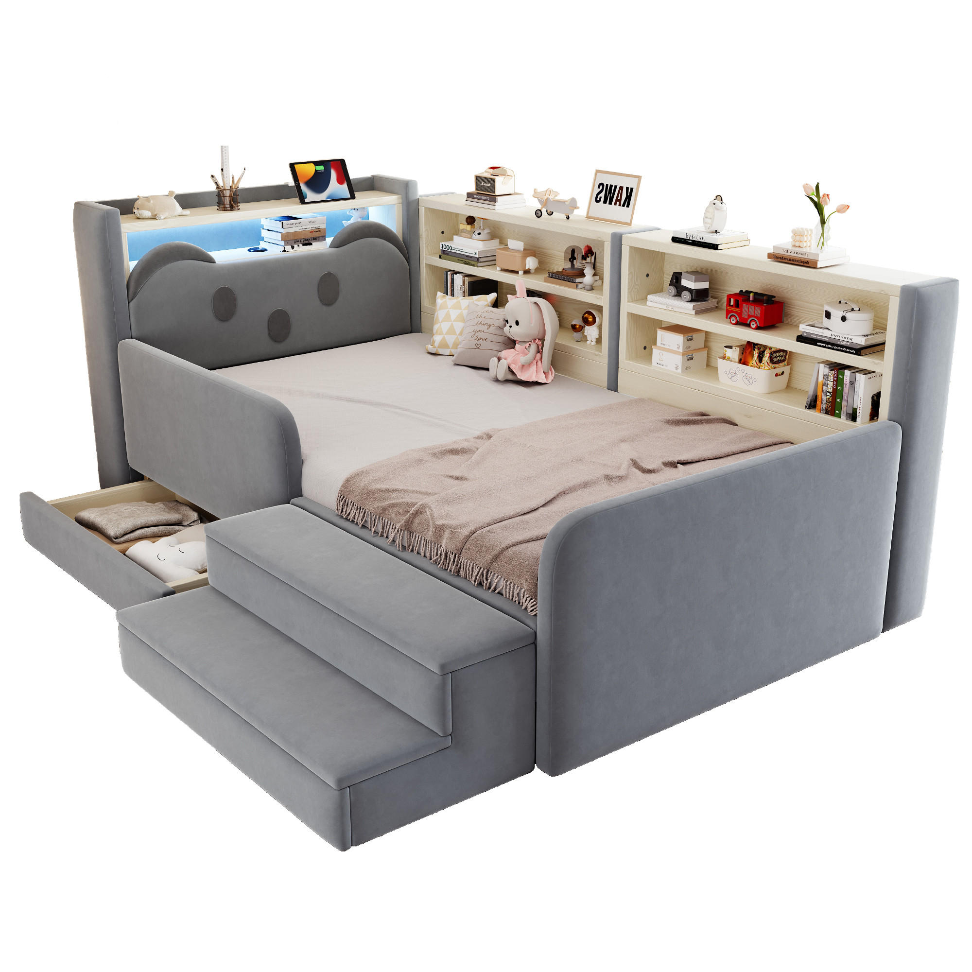 POLSTERBETT 90*200 cm mit LED, USB und Schublade, Hellgrau - Hellgrau, Textil (90/200cm) - FLIEKS