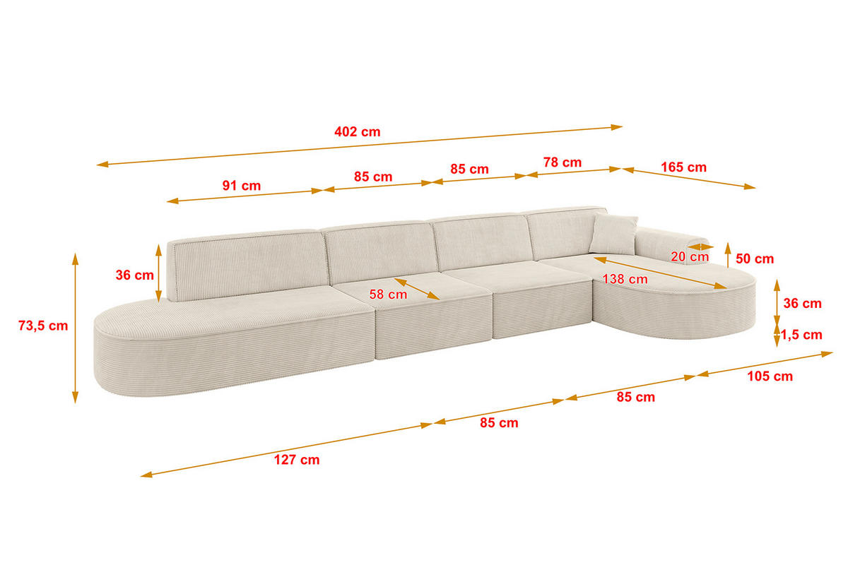 ECKSOFA Ottomane Rechts MARI-L3 - 402x163x73,5 cm Beige Cord - Beige/Schwarz, Holzwerkstoff/Kunststoff (402/163cm) - ALTDECOR