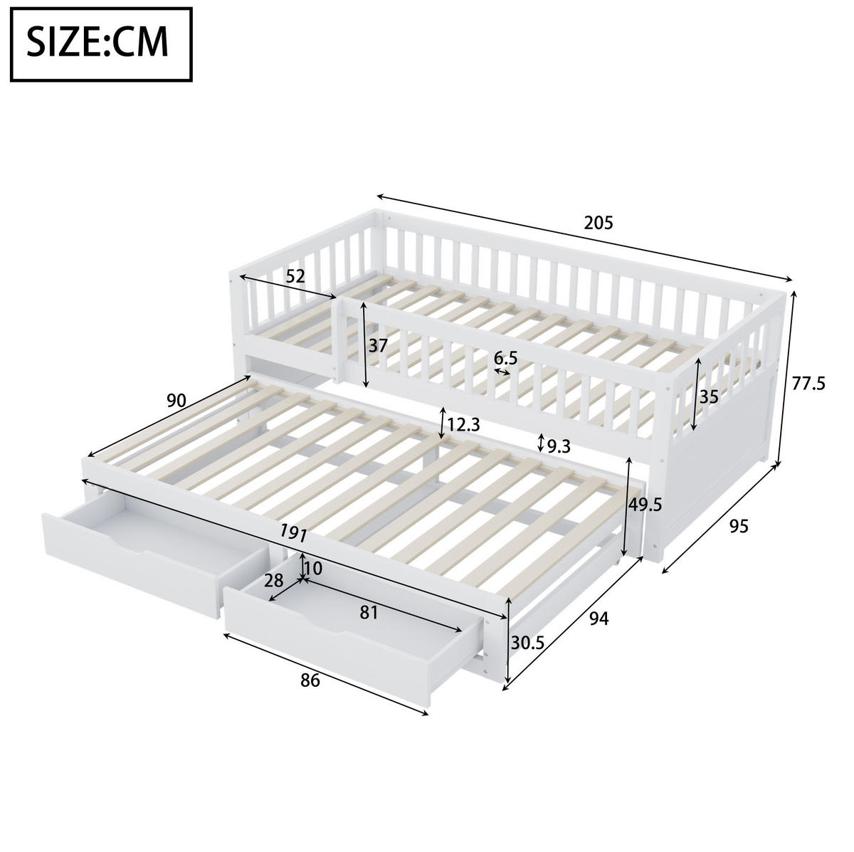 ETAGENBETT 90/200 cm weiß aus Holz mit Ausziehbett - Weiß, Holzwerkstoff (90/200cm) - OKWISH
