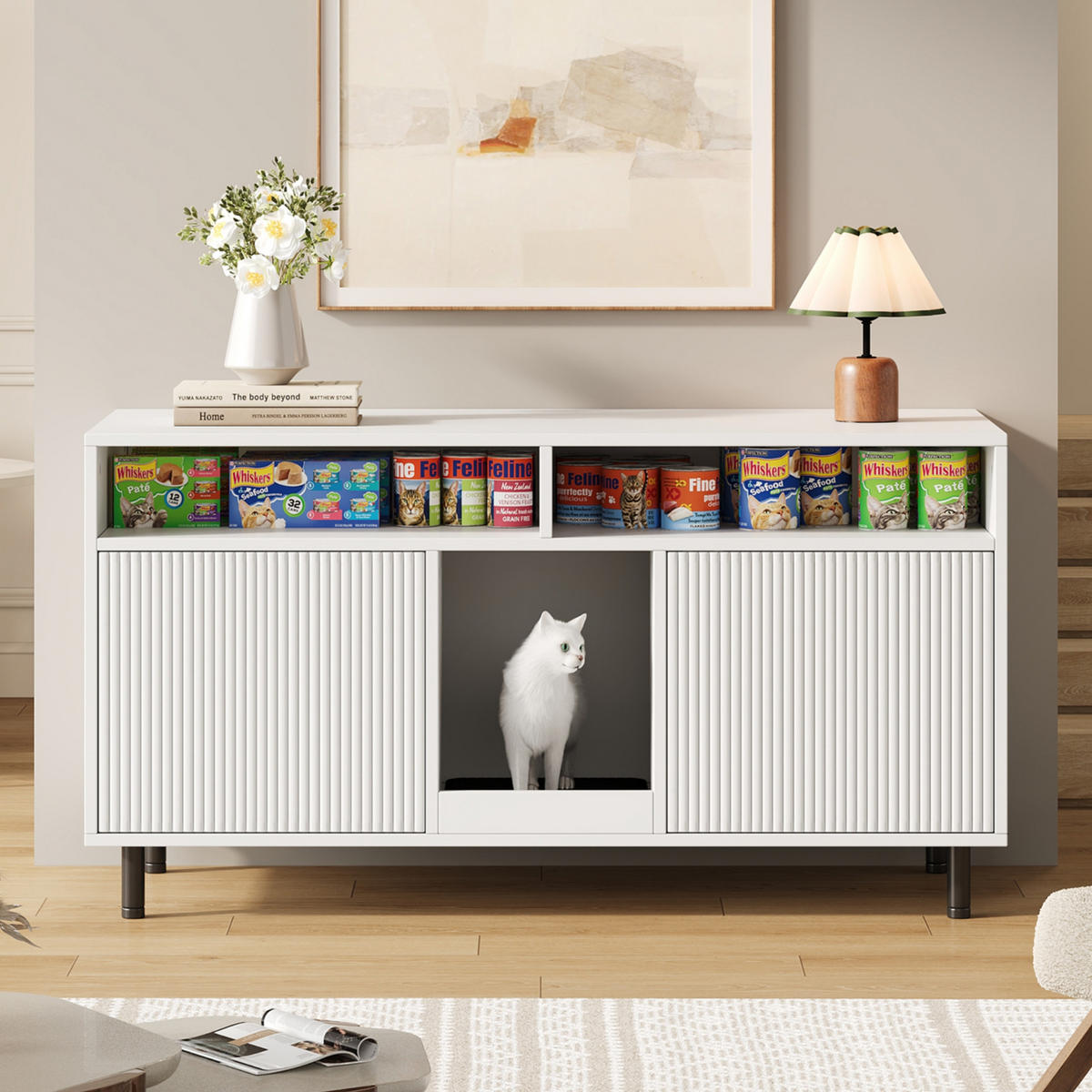 SIDEBOARD mit Doppel Tür und Streu Fangmatten,mit Rippenstruktur - Walnussfarben/Weiß, Holzwerkstoff/Metall (120/66/50cm) - EVRYAE