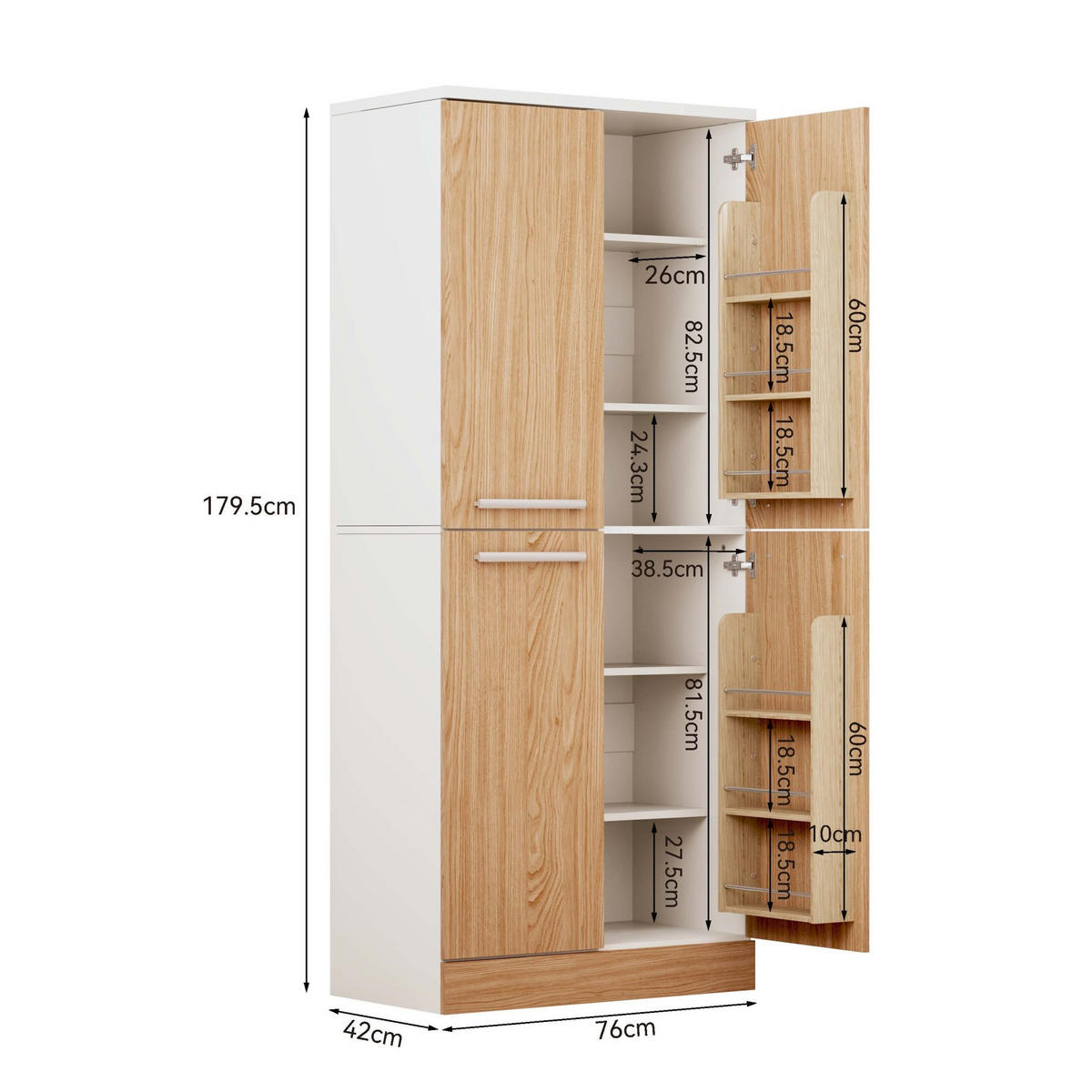 KUHINJSKI ormar od MDF-a, 76/42/180 cm bijela/prirodni hrast, 4-vratni s podesivim policama - bijela, drvni materijal (76/180/42cm) - BEAOK