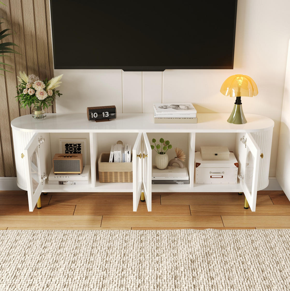 TV-SCHRANK in Weiß/Gold mit 4 Glastüren und Kabelführung 170/35/55 cm - Weiß, Holzwerkstoff (170/55/35cm) - Redom