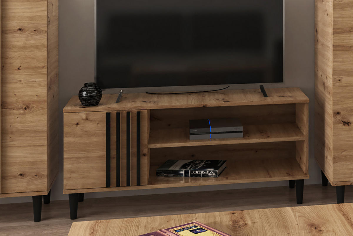 TV-SCHRANK Laura 120 cm mit Lamellen und Scharniertür, Eiche Artisan, schwarz - Schwarz/Eiche Artisan, Holz/Kunststoff (120/54/40cm) - Margaret Hadas24