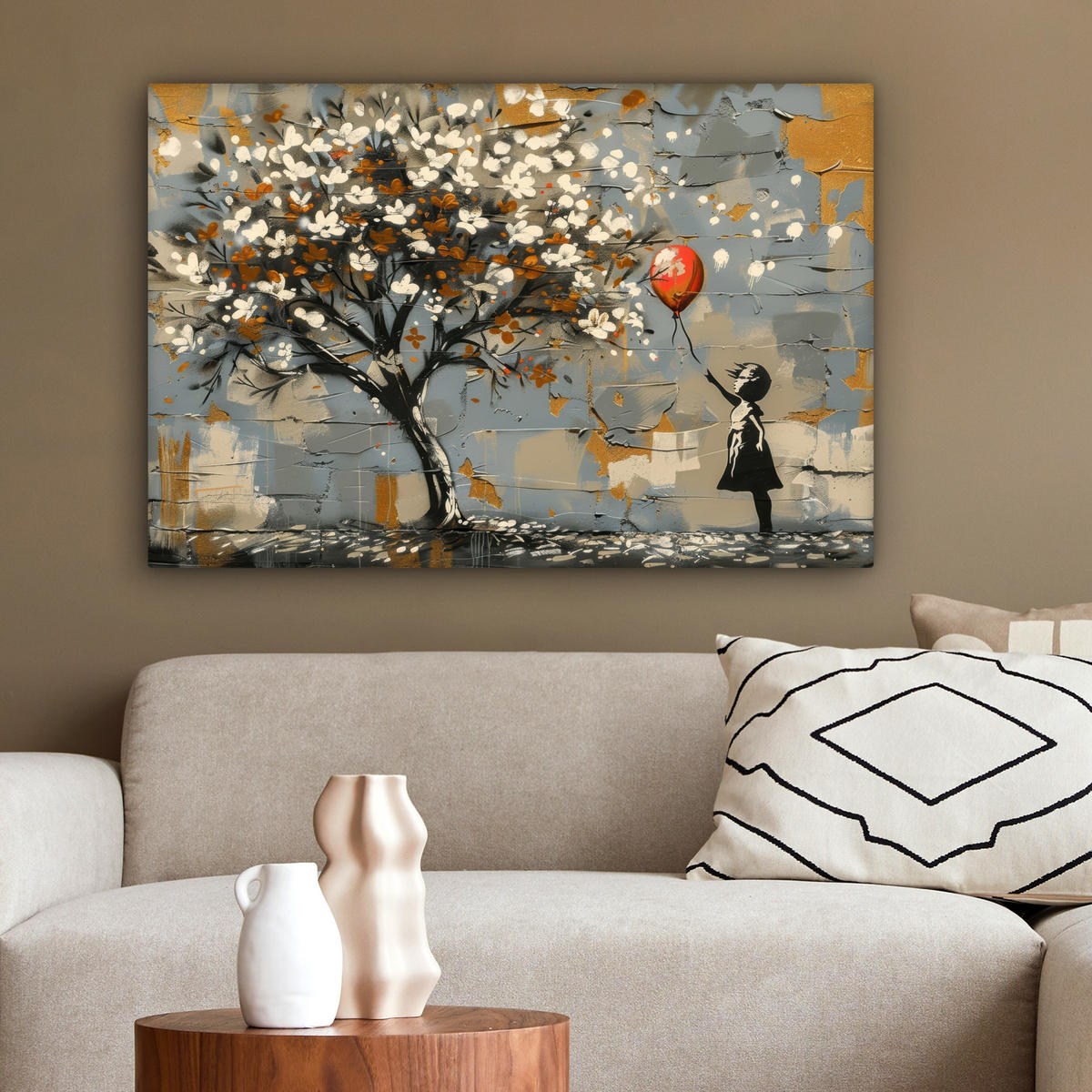 LEINWANDBILD Baum - Graffiti - Banksy-Stil - Ballon-Mädchen Wanddeko 90x60 cm - Blaugrau, Textil (90/60cm) - MuchoWow