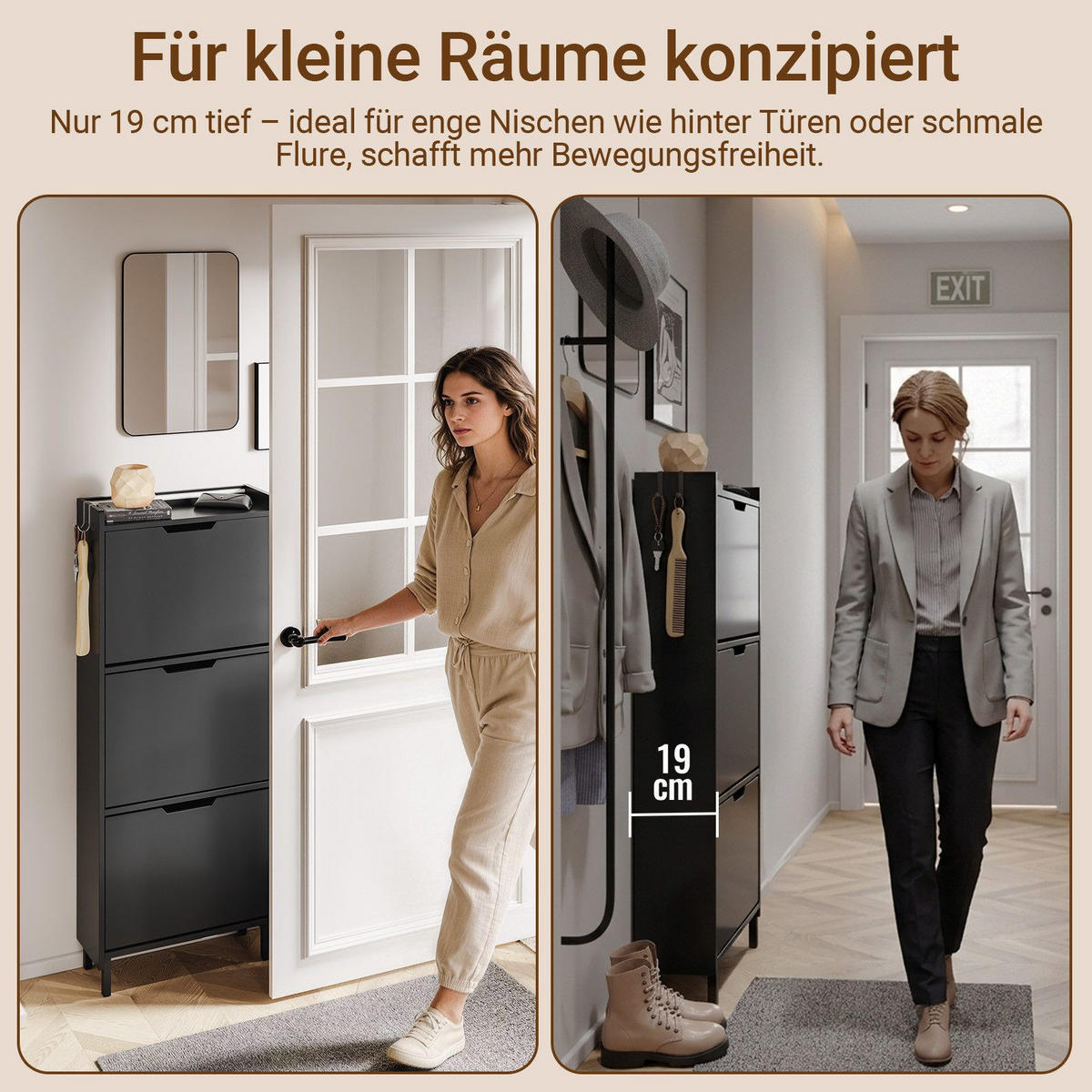 SCHUHSCHRANK mit 3 Klappen und Sensorlicht Schwarz 50x19x131cm - Schwarz, Holzwerkstoff (19/131/50cm) - SoBuy