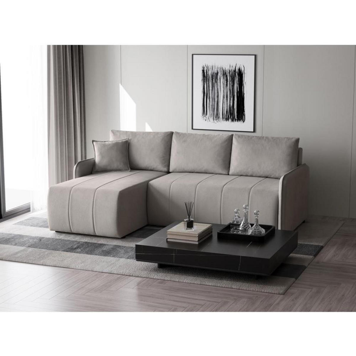 ECKSCHLAFSOFA Capri beige - Beige/Schwarz, Kunststoff/Textil (223/156cm) - Beautysofa