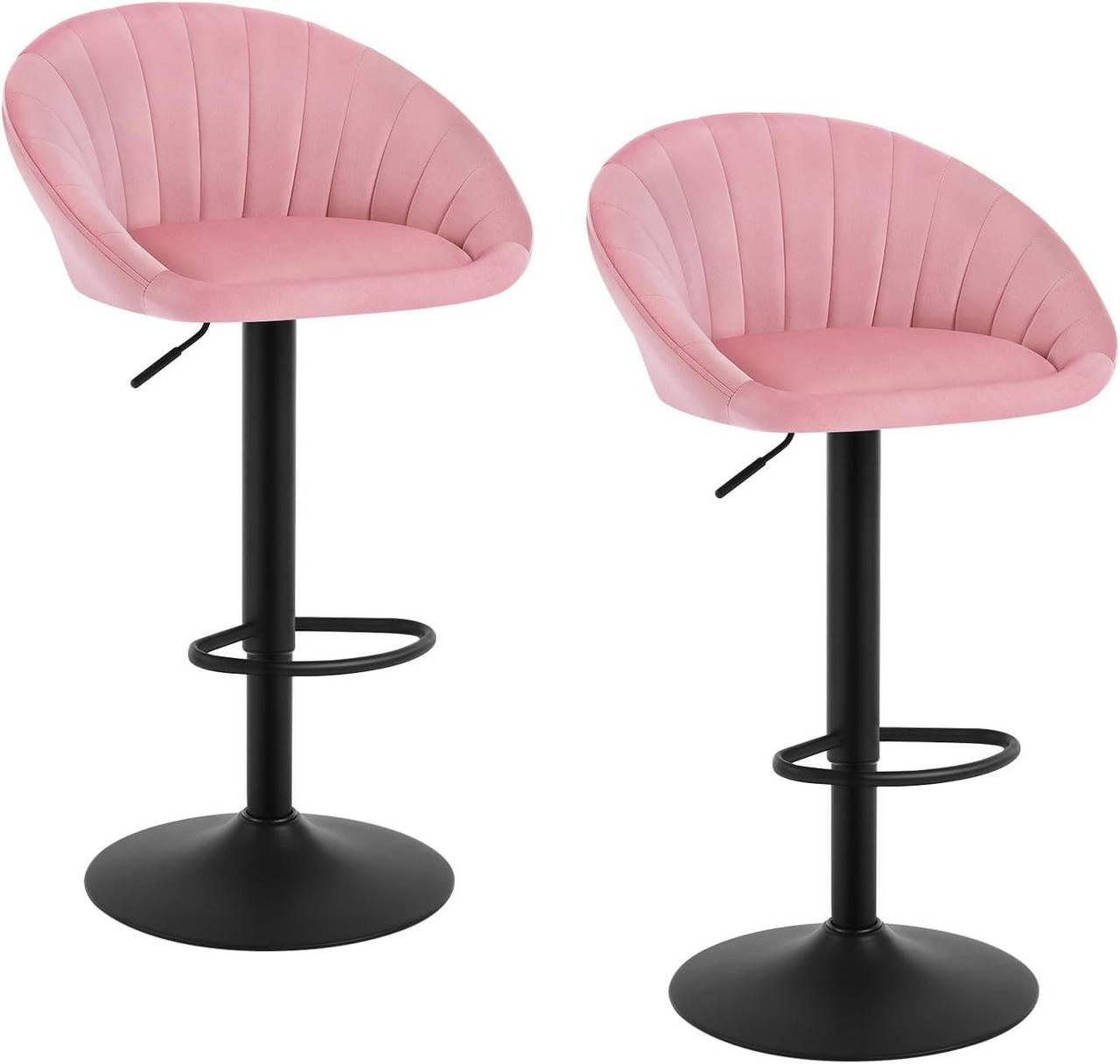 BARHOCKER 2er Set mit Rückenlehne, Samt, Rosa - Schwarz/Rosa, Textil/Metall (53/83/45cm) - Woltu